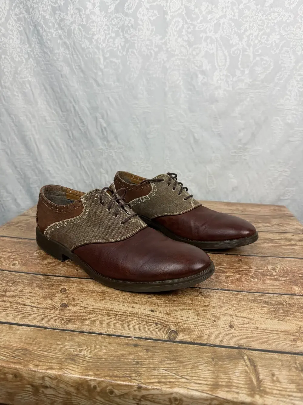 Clarks Men's Brown Leather Oxford Shoes Lace Up Canvas Contrast Size 10.5